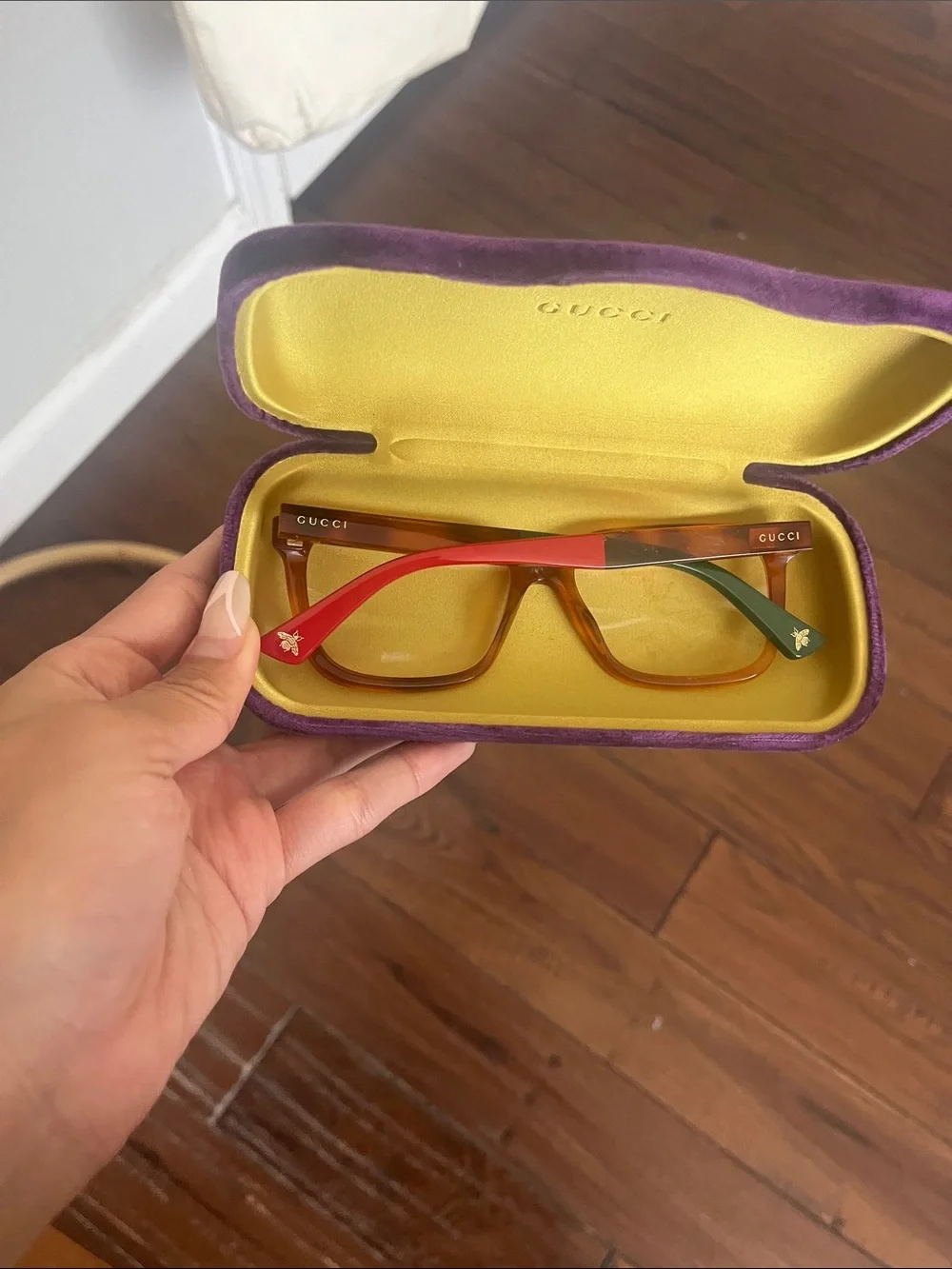 Gucci Brown Square Women's Glasses with Red & Green Temple Accents